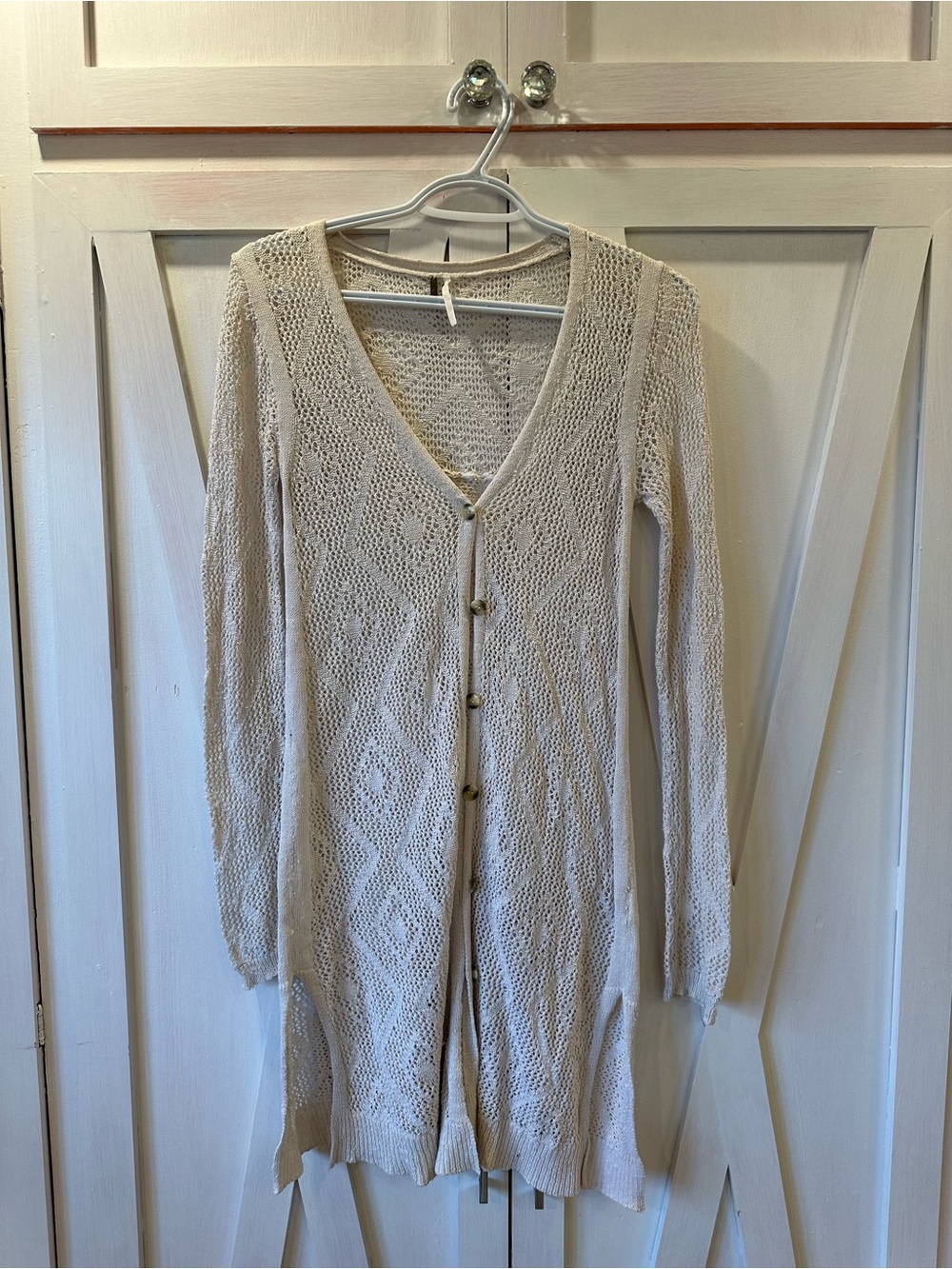 Free People Cream Open-Knit Button Front Cardigan